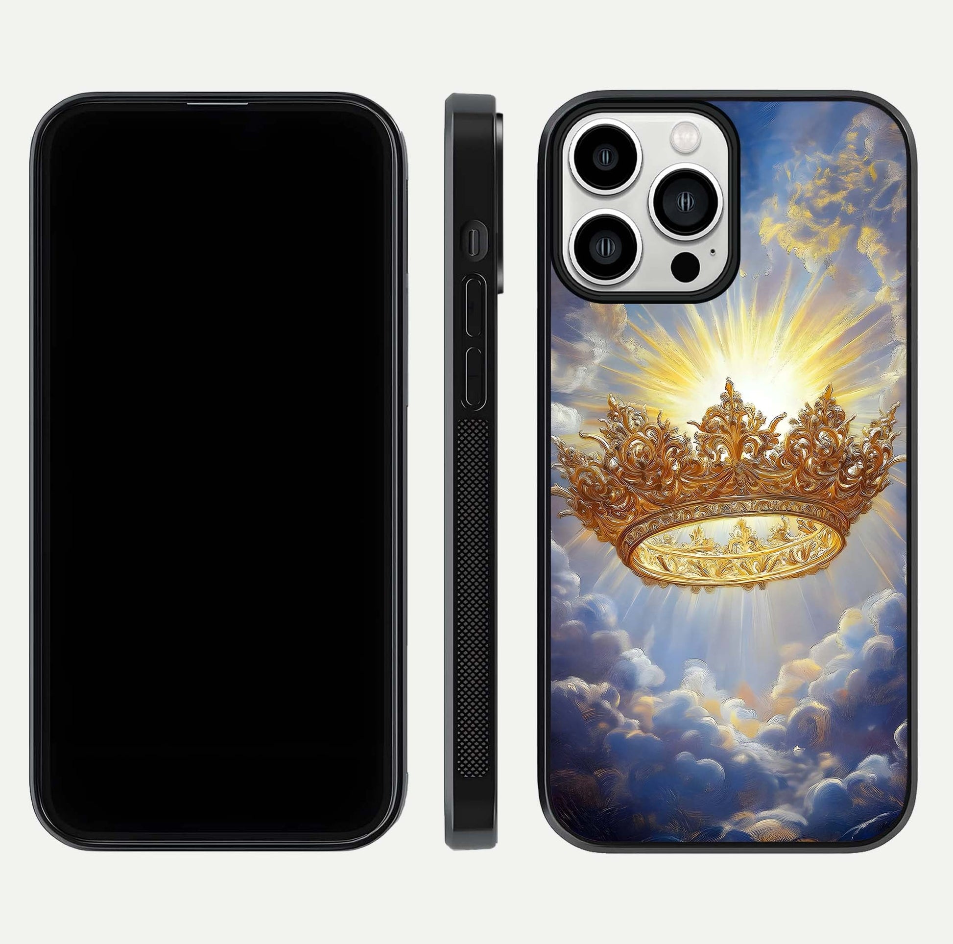 Heavenly Crown Light Glass Case for iPhone 13 Pro Max front and back view layout highlighting golden aura tones and curved glass edges
