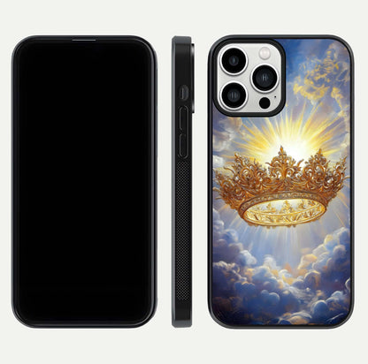 Heavenly Crown Light Glass Case for iPhone 13 Pro Max front and back view layout highlighting golden aura tones and curved glass edges