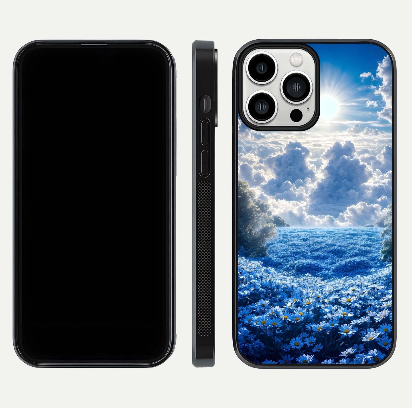 Heavenly Daisy Horizon Glass Case for iPhone 13 Pro Max front and back view layout highlighting floral field tones and curved edges