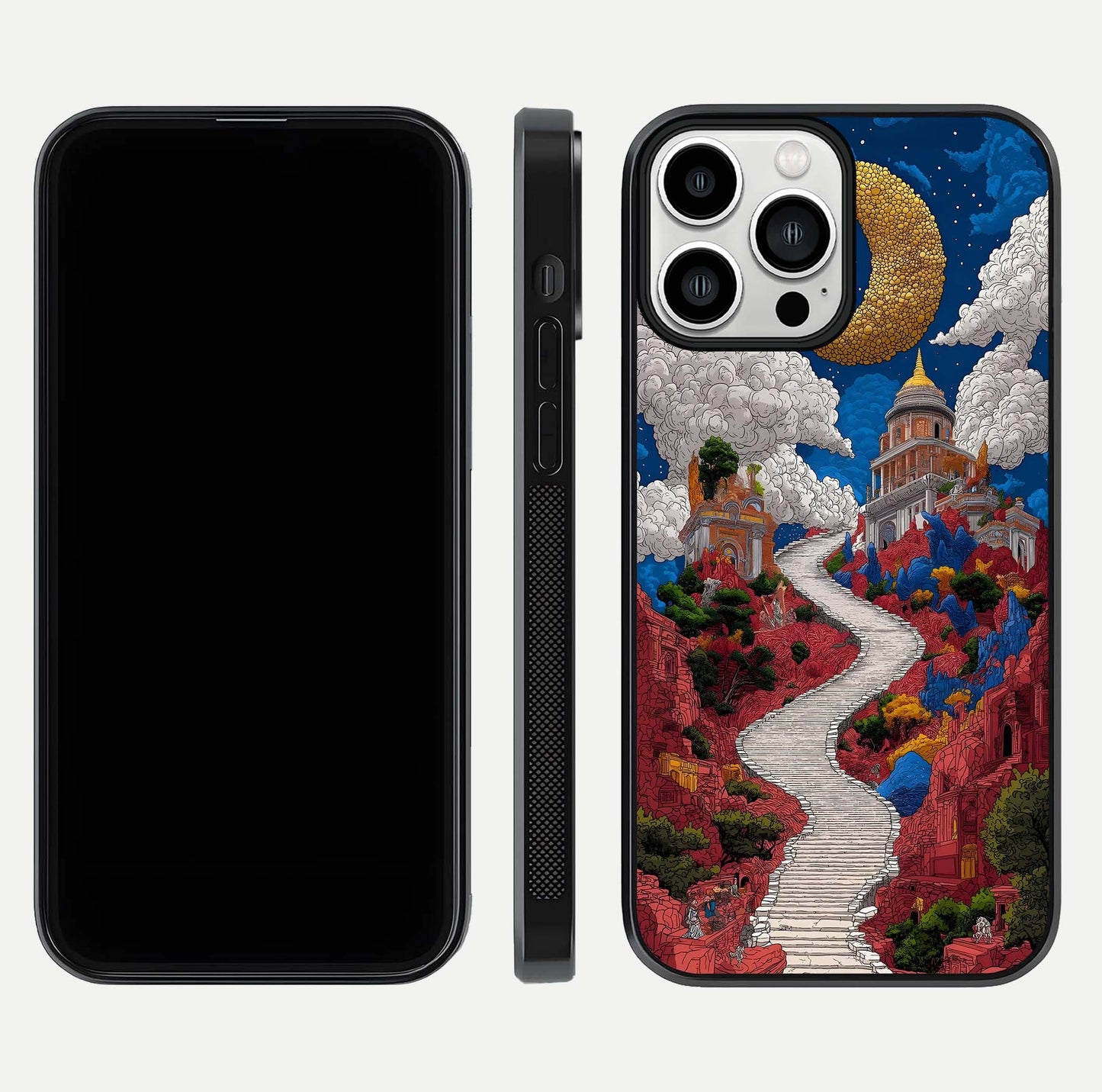 Heavenly Moon Path Glass Case for iPhone 13 Pro Max front and back view layout displaying night sky tones and curved glass edges
