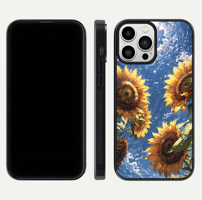 Heavenly Sunflower Rise Glass Case for iPhone 13 Pro Max front and back view layout highlighting golden floral tones and curved edges