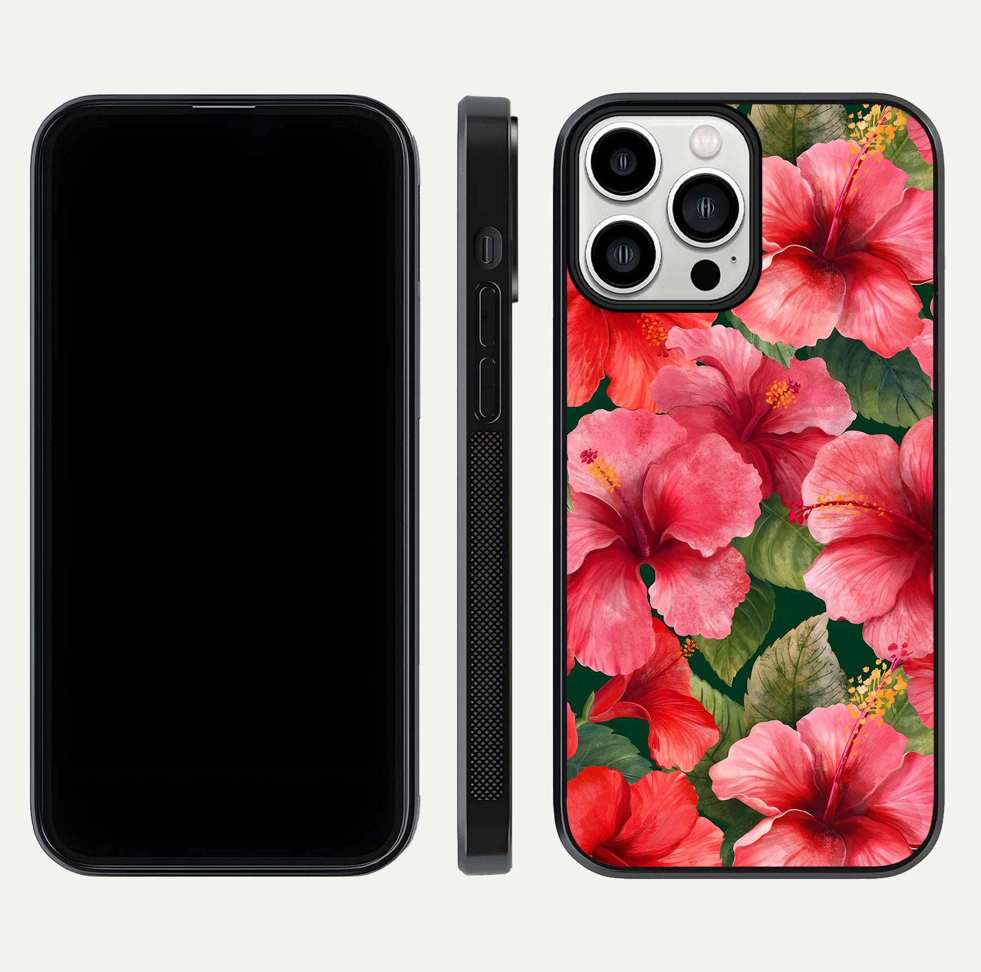Hibiscus Pattern Glass Case for iPhone 13 Pro Max front and back view layout highlighting tropical design and curved glass edges
