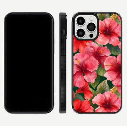 Hibiscus Pattern Glass Case for iPhone 13 Pro Max front and back view layout highlighting tropical design and curved glass edges