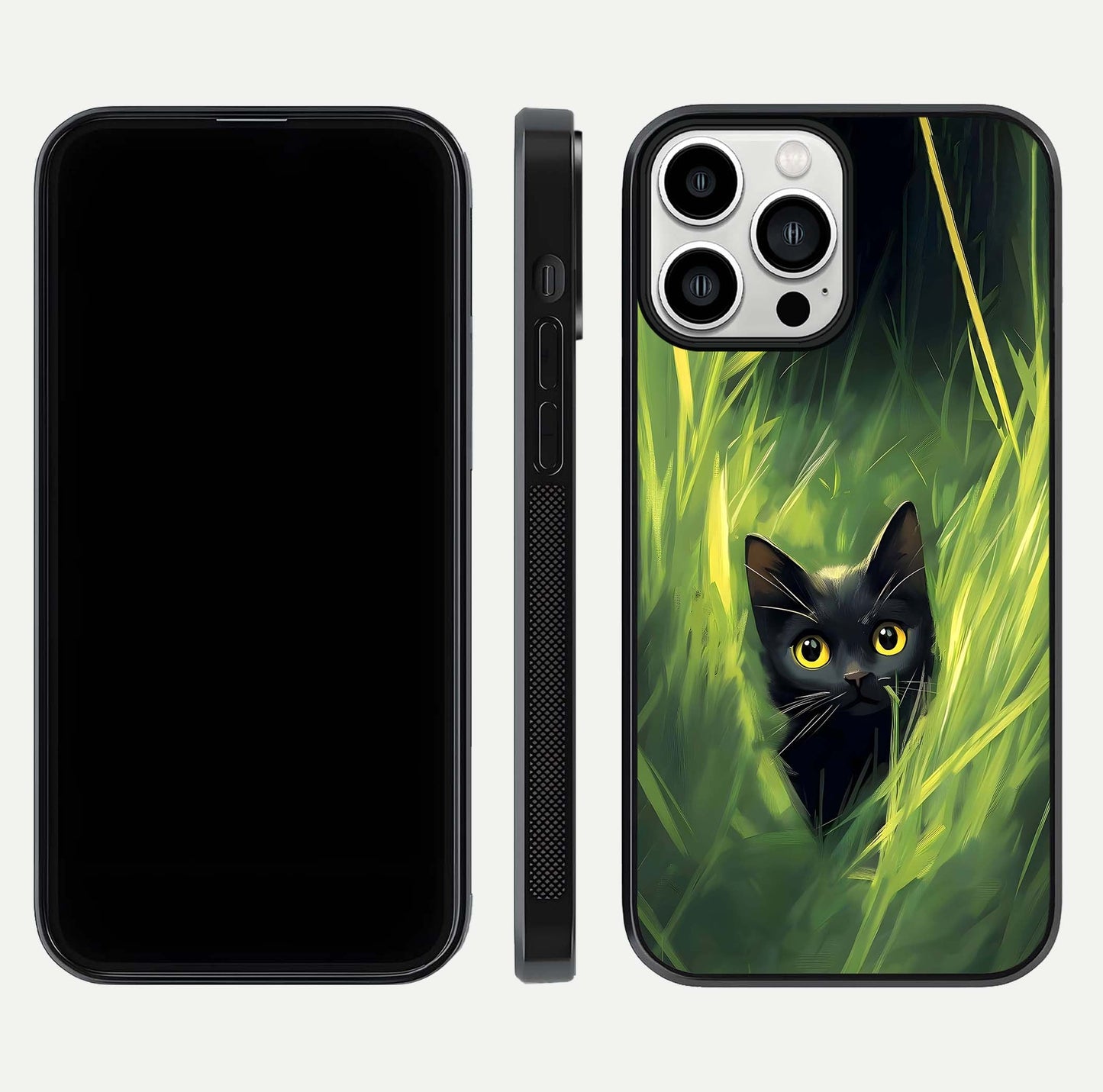Hidden Cat Whisper Glass Case for iPhone 13 Pro Max front and back view layout highlighting minimalist art and curved edges