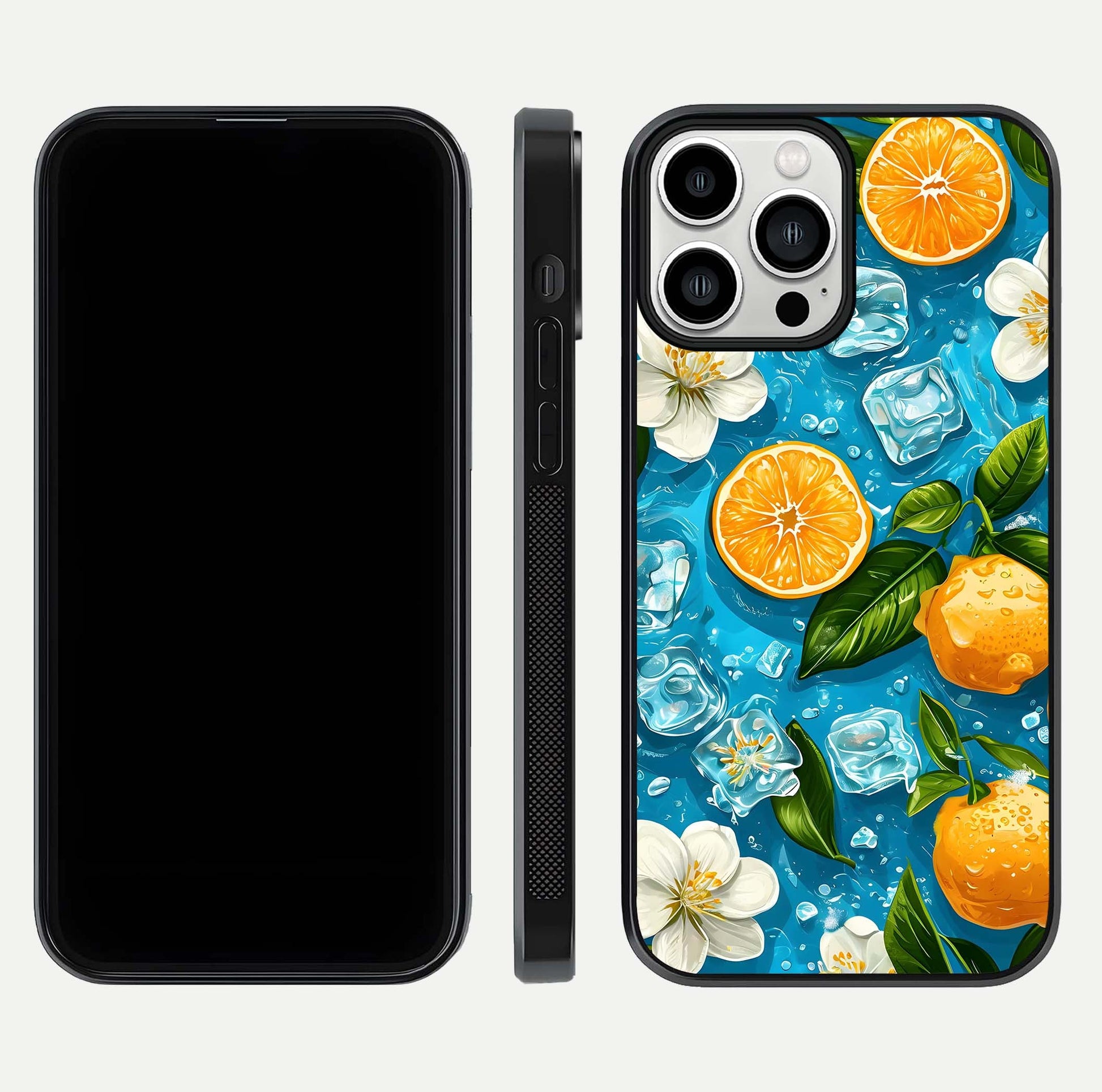 Ice Cube With Orange Glass Case for iPhone 13 Pro Max front and back view layout highlighting fresh orange tones and curved edges