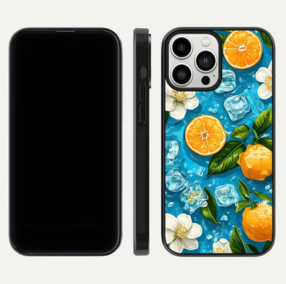 Ice Cube With Orange Glass Case for iPhone 13 Pro Max front and back view layout highlighting fresh orange tones and curved edges