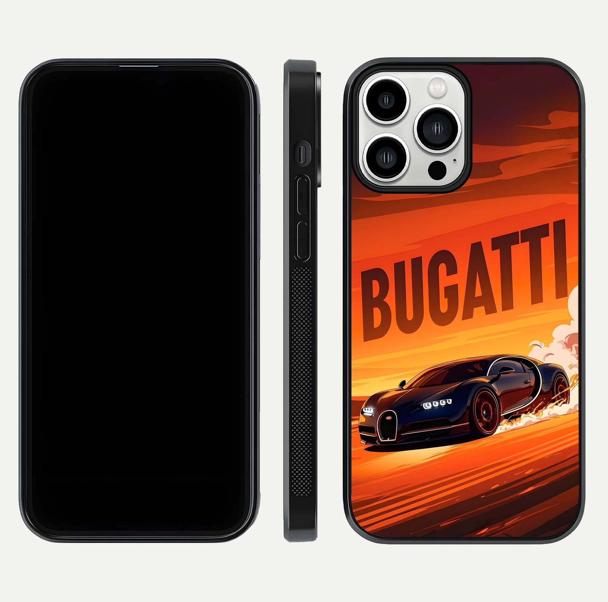 Inferno Bugatti Storm Glass Case for iPhone 13 Pro Max front and back view layout highlighting car silhouette and curved glass edge