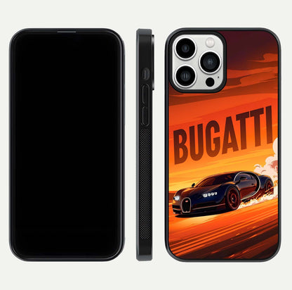 Inferno Bugatti Storm Glass Case for iPhone 13 Pro Max front and back view layout highlighting car silhouette and curved glass edge