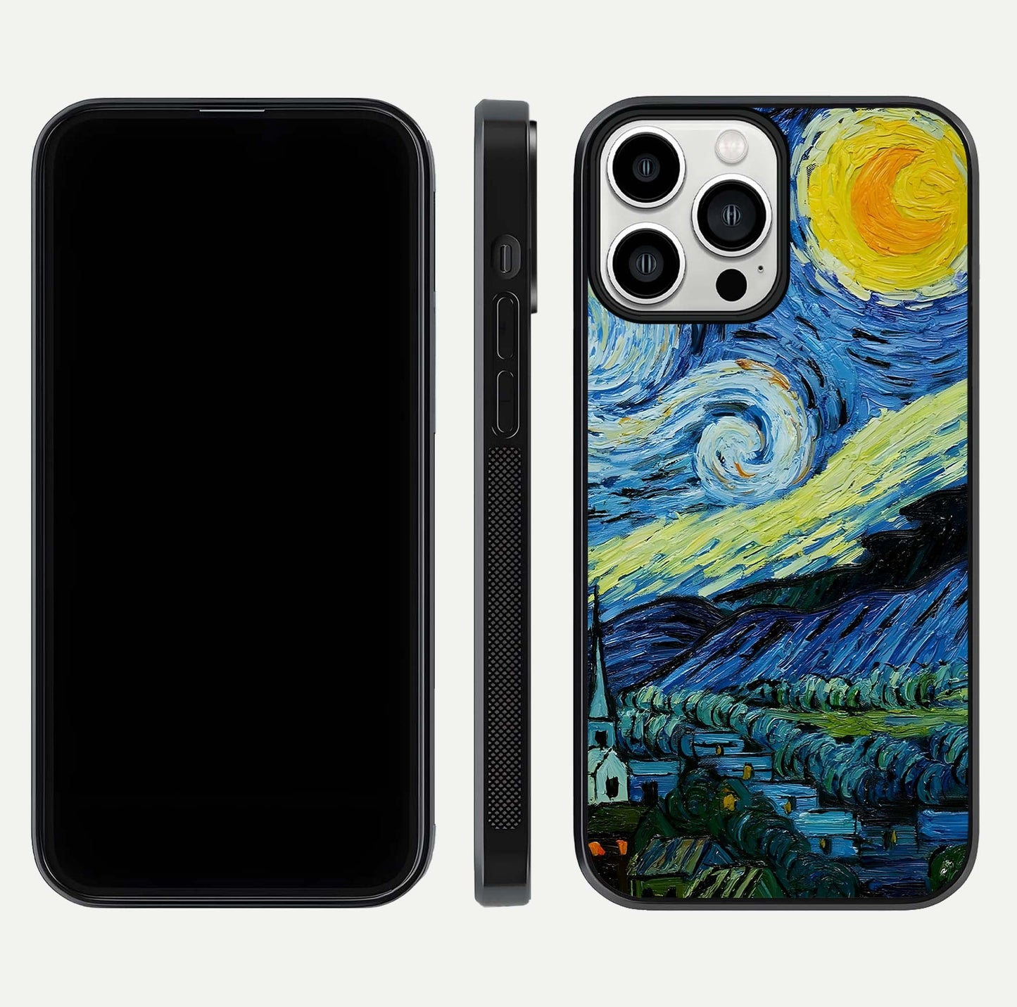 Inspired Van Gogh Art Glass Case for iPhone 13 Pro Max front and back view layout displaying vivid color tones and curved glass edges