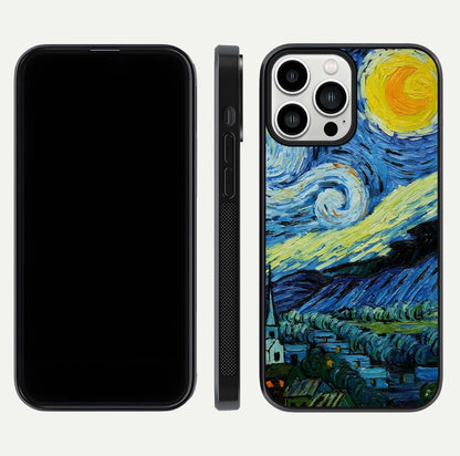 Inspired Van Gogh Art Glass Case for iPhone 13 Pro Max front and back view layout displaying vivid color tones and curved glass edges
