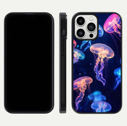 Jellyfish Pattern Glass Case for iPhone 13 Pro Max front and back view layout highlighting aquatic tones and curved edges