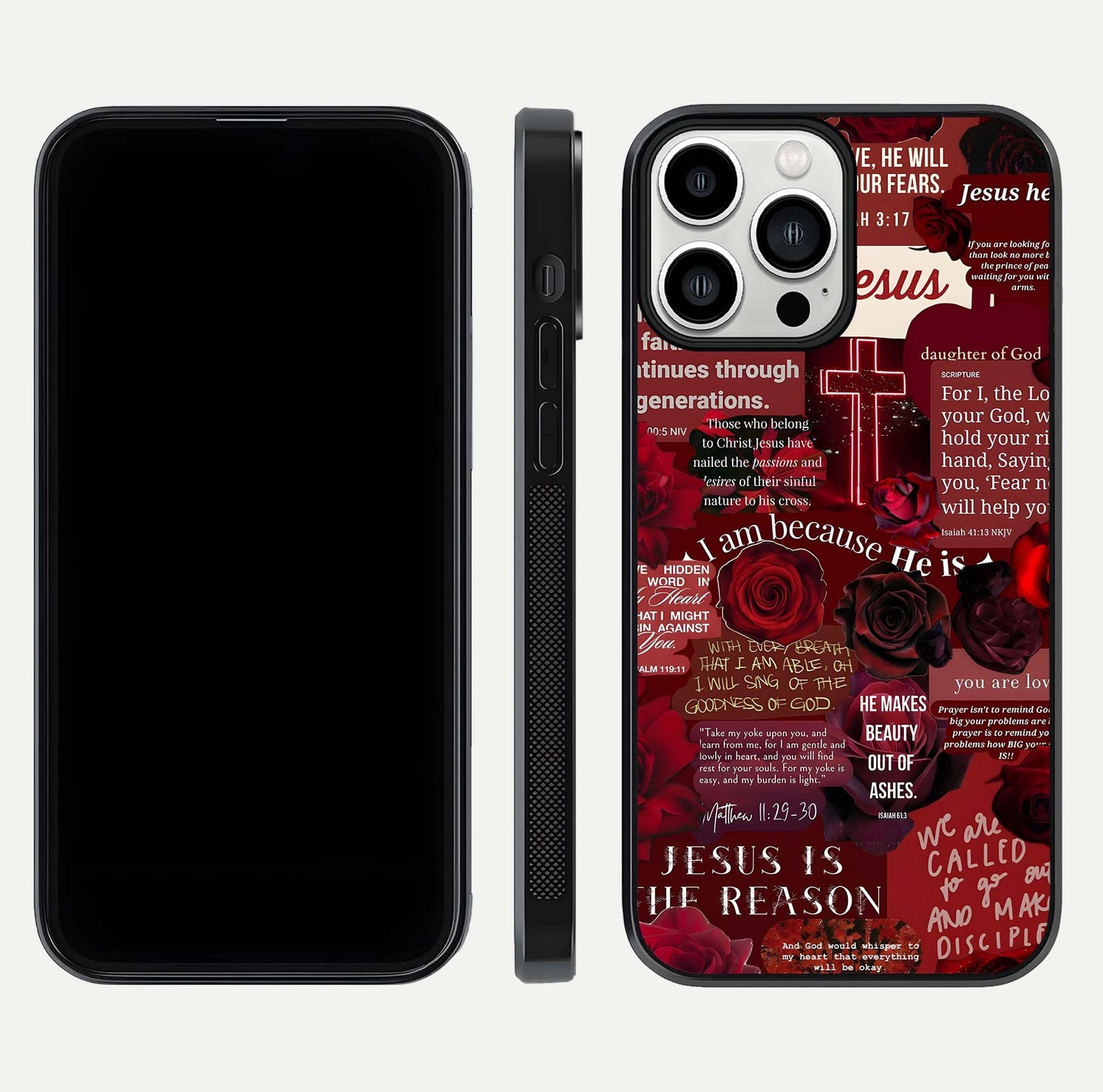 Jesus Love Heals Glass Case for iPhone 13 Pro Max front and back view layout with elegant typography and smooth edges