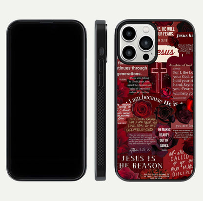 Jesus Love Heals Glass Case for iPhone 13 Pro Max front and back view layout with elegant typography and smooth edges