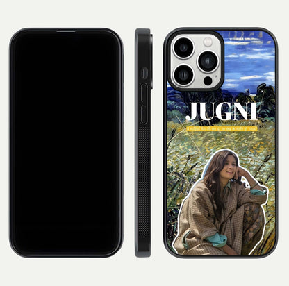 Jugni Soul Vibes Glass Case for iPhone 13 Pro Max front and back view layout highlighting desi art and curved glass edges