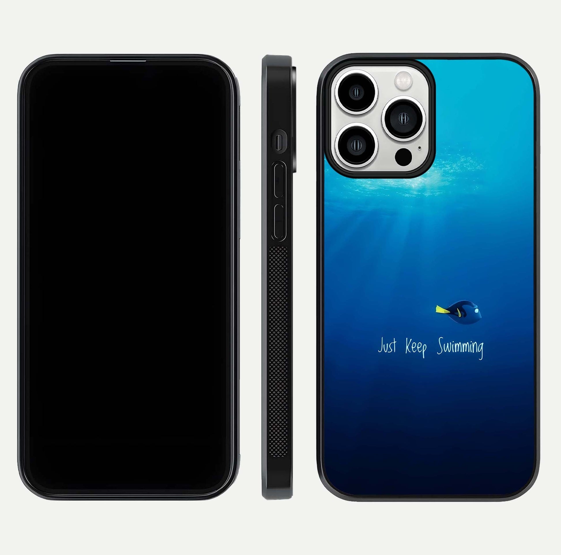 Just Keep Swimming Glass Case for iPhone 13 Pro Max front and back view layout with smooth glass edges and HD text clarity