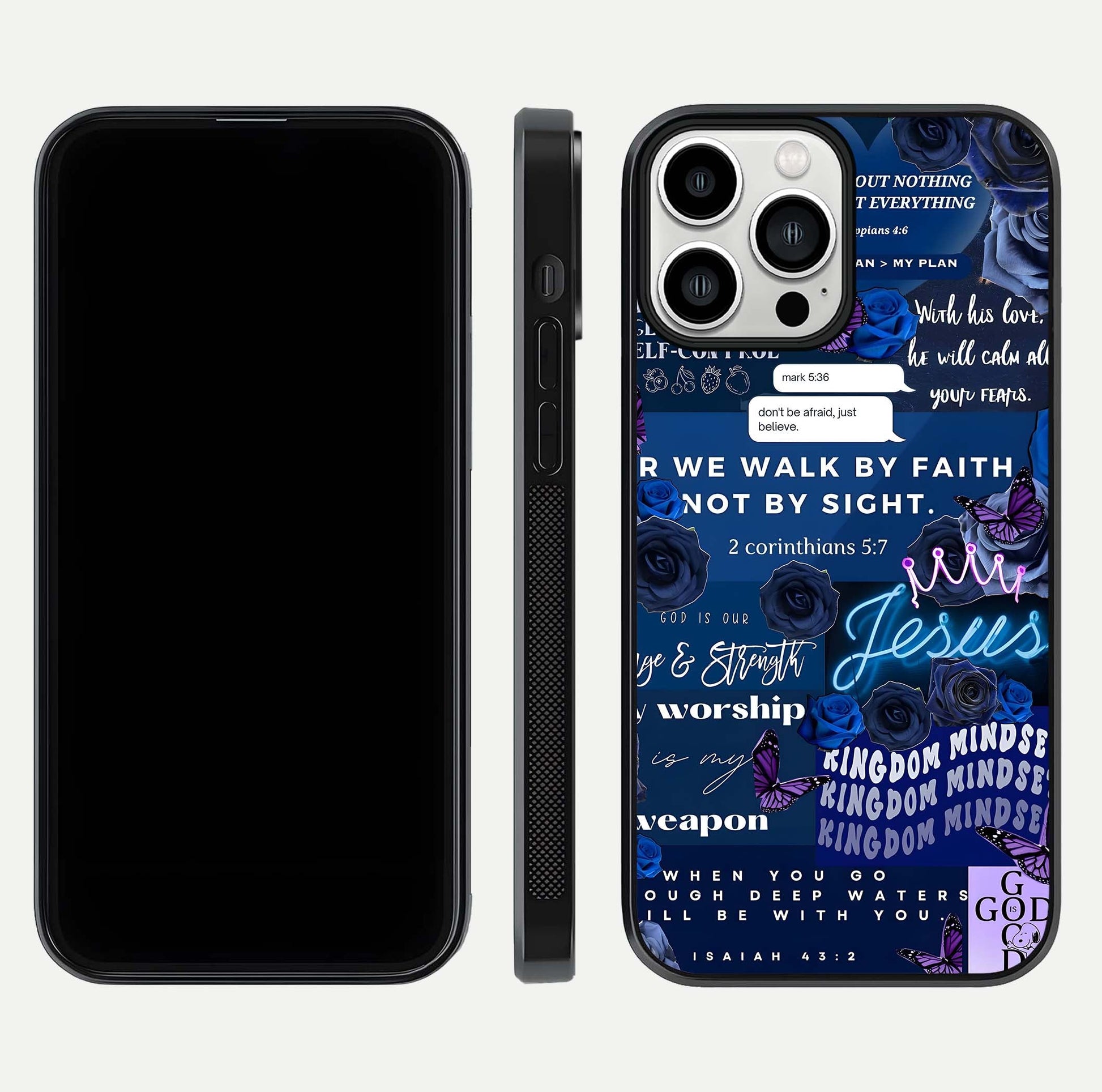 Kingdom Faith Glow Glass Case for iPhone 13 Pro Max front and back view layout highlighting radiant spiritual design