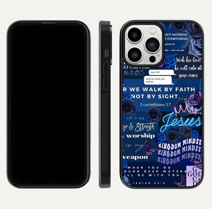 Kingdom Faith Glow Glass Case for iPhone 13 Pro Max front and back view layout highlighting radiant spiritual design