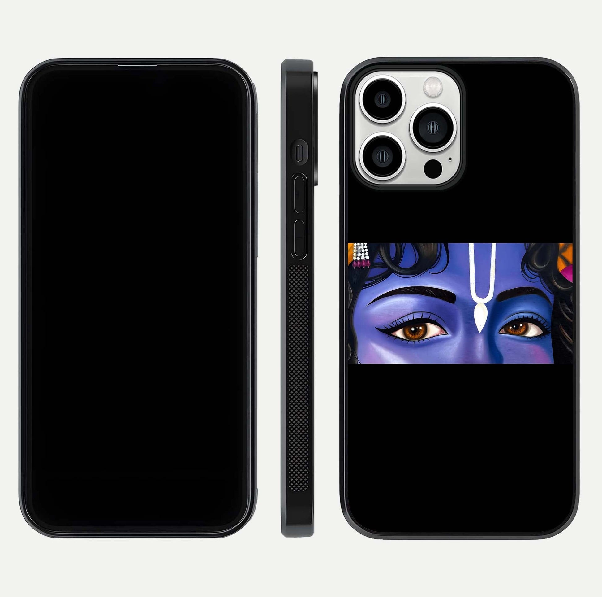 Krishna Eye Glass Case for iPhone 13 Pro Max front and back view layout highlighting detailed spiritual motif
