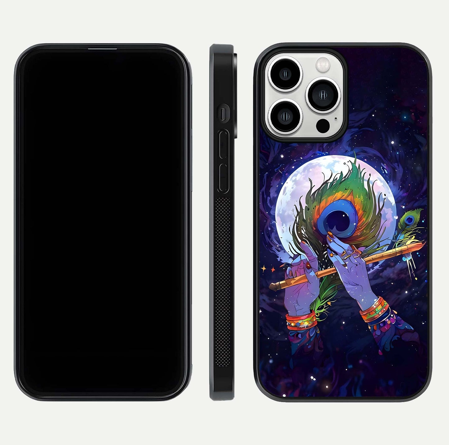 Krishna Hands Art Glass Case for iPhone 13 Pro Max front and back view layout displaying soft edges and spiritual tones