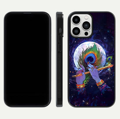 Krishna Hands Art Glass Case for iPhone 13 Pro Max front and back view layout displaying soft edges and spiritual tones