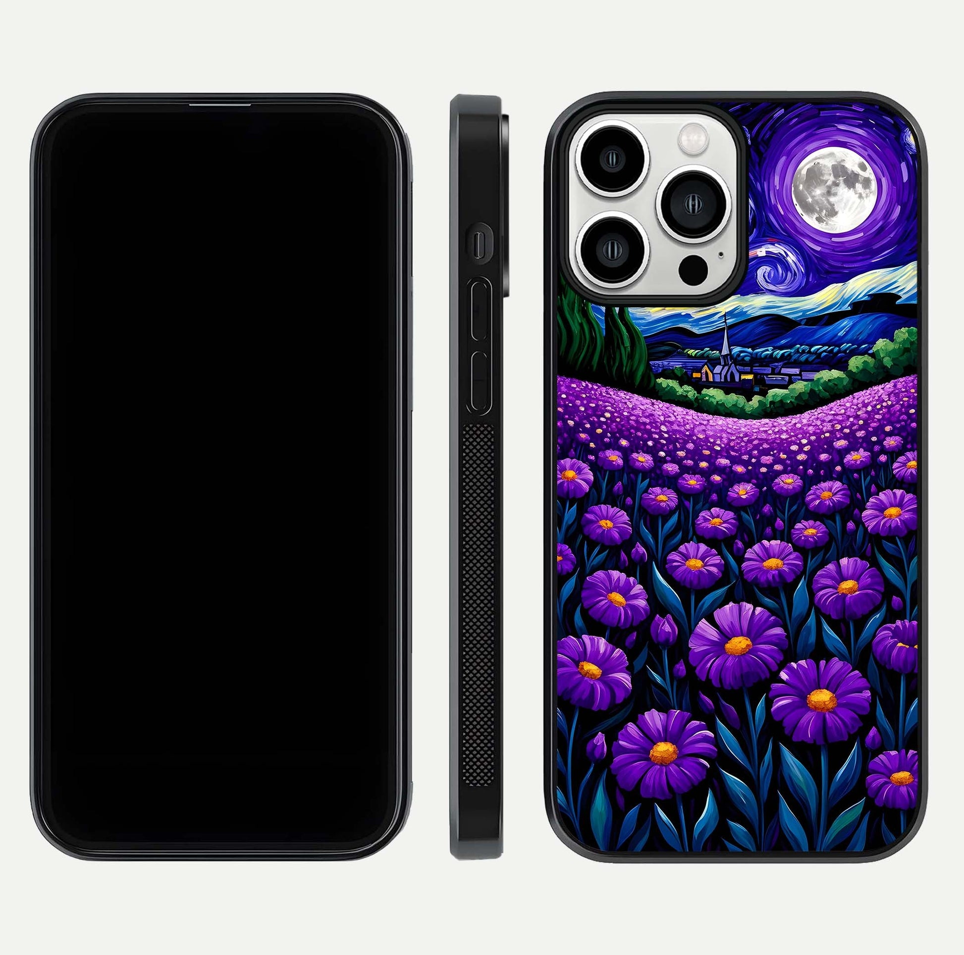 Lavender Moon Field Glass Case for iPhone 13 Pro Max front and back view layout with soft gradient and curved edges