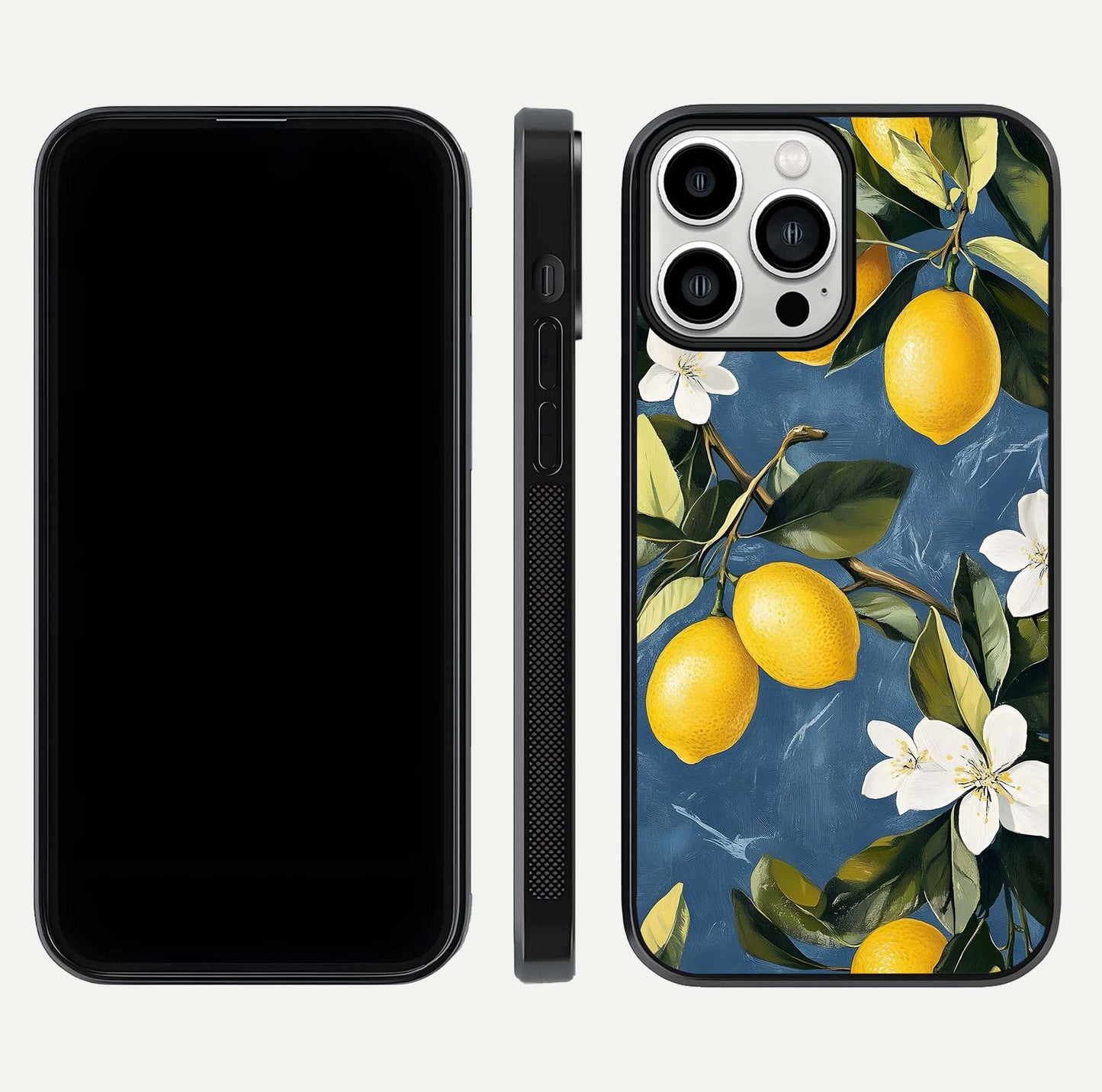 Lemon Dream Garden Glass Case for iPhone 13 Pro Max front and back view layout highlighting garden tones and edges