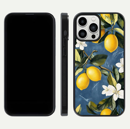 Lemon Dream Garden Glass Case for iPhone 13 Pro Max front and back view layout highlighting garden tones and edges