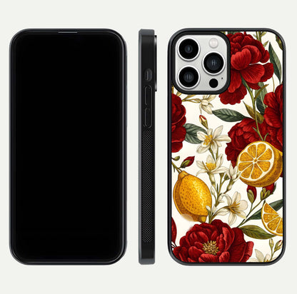 Lemon Rose Charm Glass Case for iPhone 13 Pro Max front & back layout highlighting soft yellow tones and curved edges