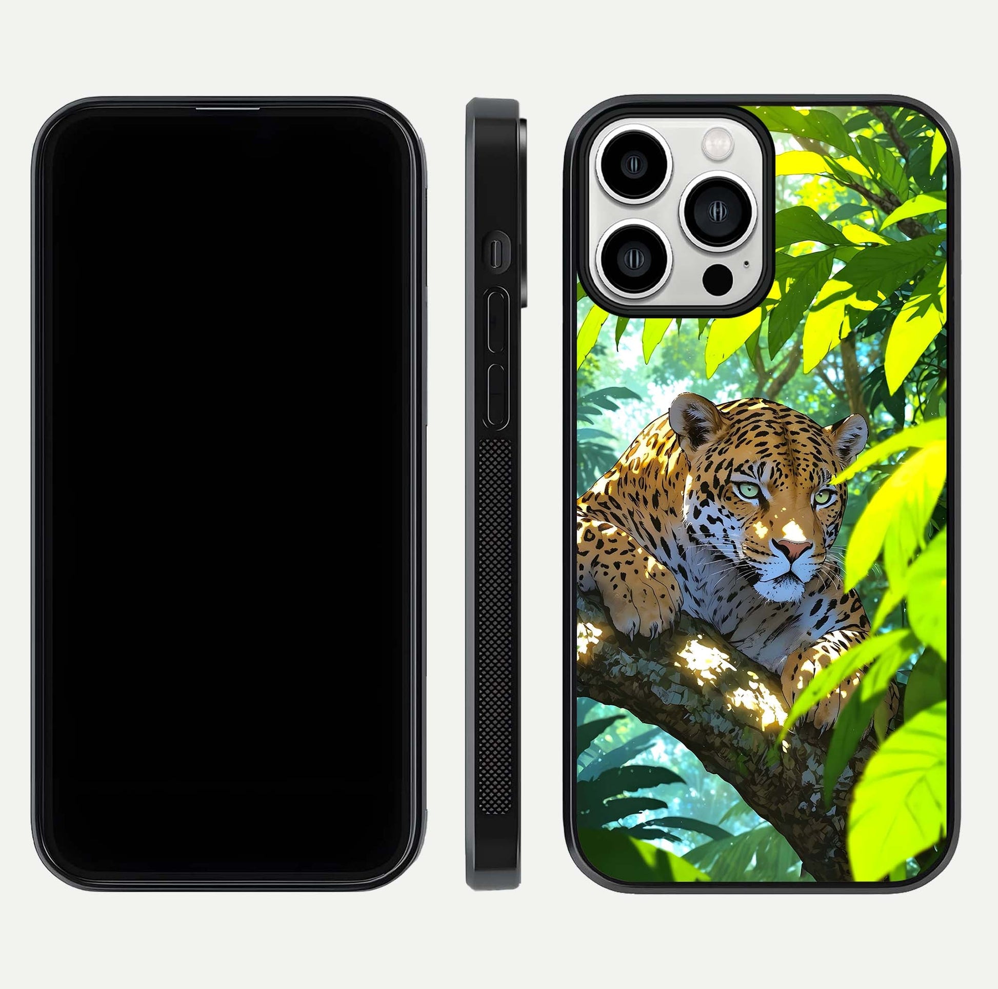 Leopard in Jungle Glass Case for iPhone 13 Pro Max front & back layout with premium edge detailing and vivid jungle art