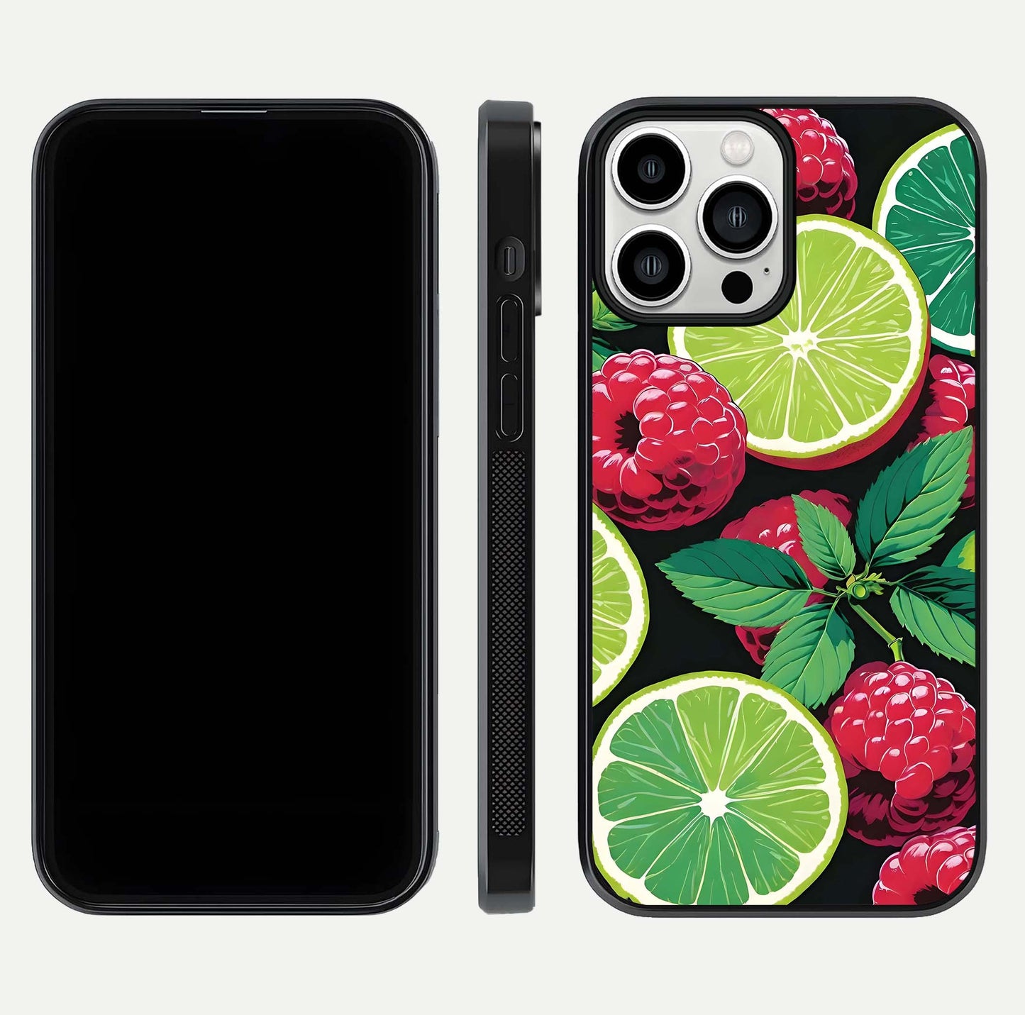 Lime and Raspberry Pattern Glass Case for iPhone 13 Pro Max front & back layout highlighting fresh summer tones