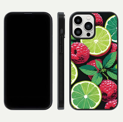 Lime and Raspberry Pattern Glass Case for iPhone 13 Pro Max front & back layout highlighting fresh summer tones