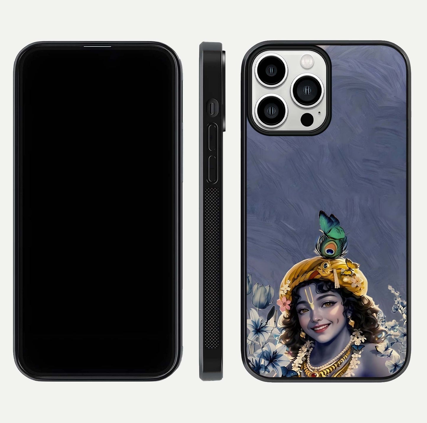 Lord Krishna Glass Case for iPhone 13 Pro Max front & back layout displaying soft tones and elegant edges
