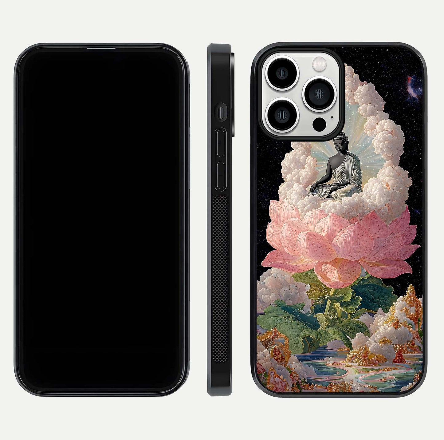 Lotus Divine Peace Glass Case for iPhone 13 Pro Max front & back layout highlighting soft pink hues and curved edges