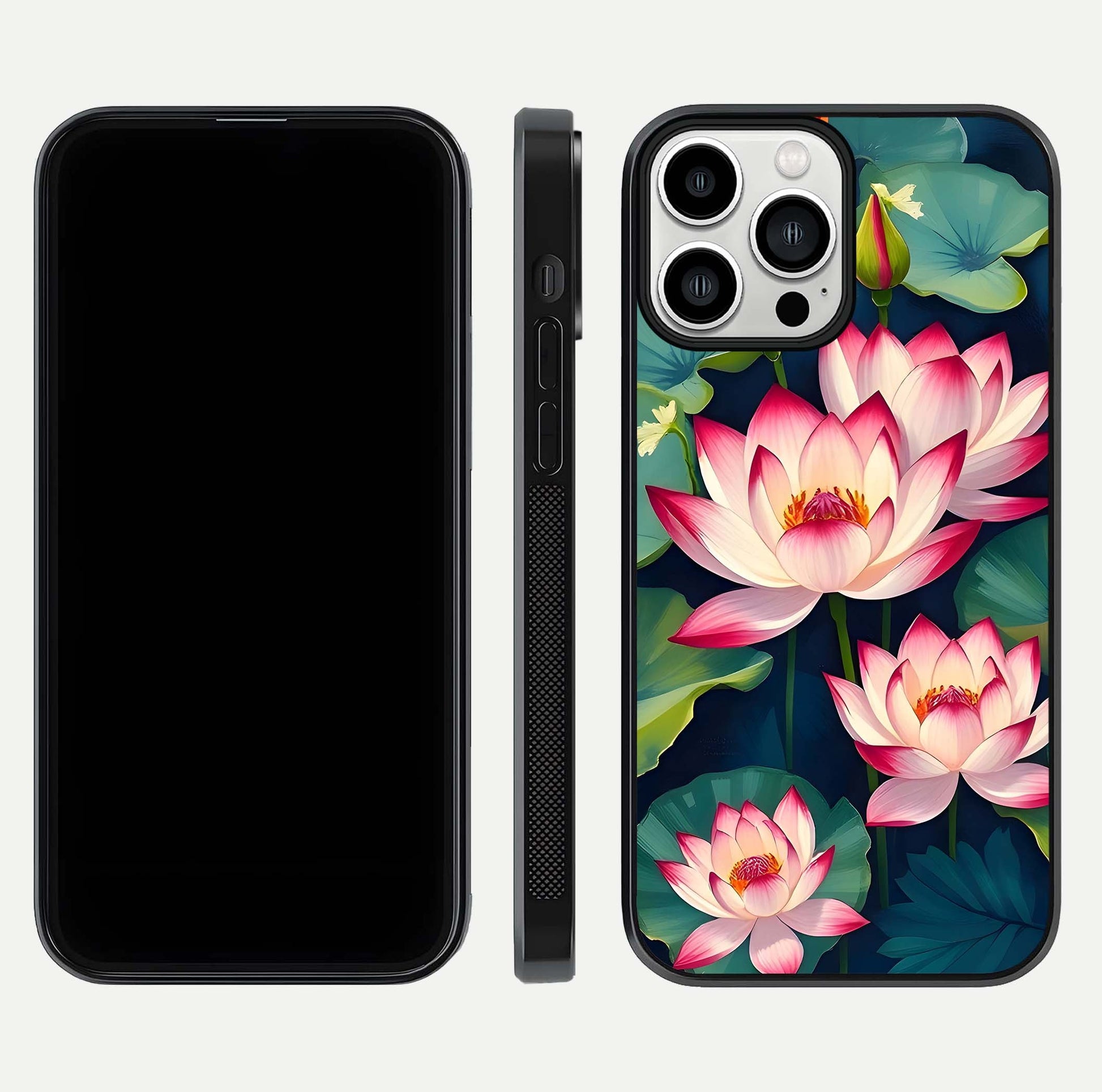 Lotus Dream Serenity Glass Case for iPhone 13 Pro Max front & back layout with elegant finish and edge curve