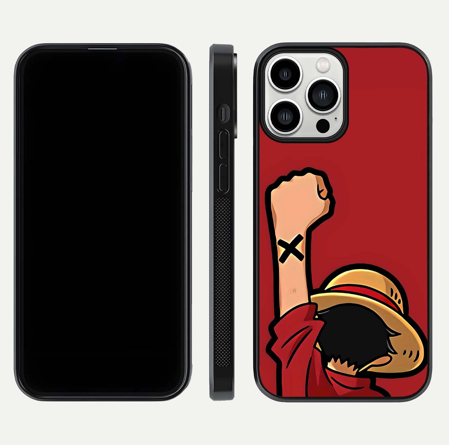 Luffy X Spirit Glass Case for iPhone 13 Pro Max front & back layout displaying anime theme and curved edges