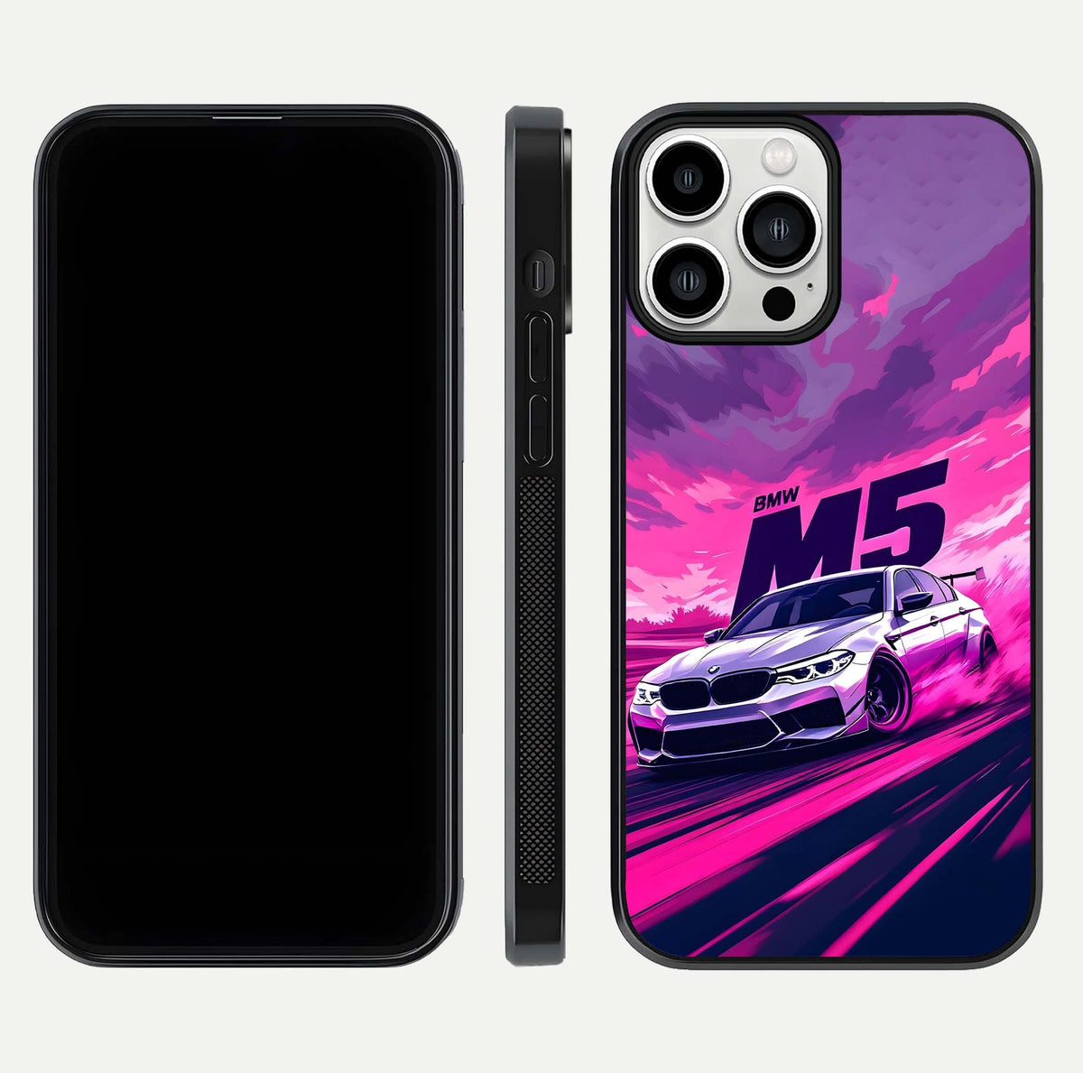MS Neon Car Glass Case for iPhone 13 Pro Max front & back layout highlighting automotive art and curved design