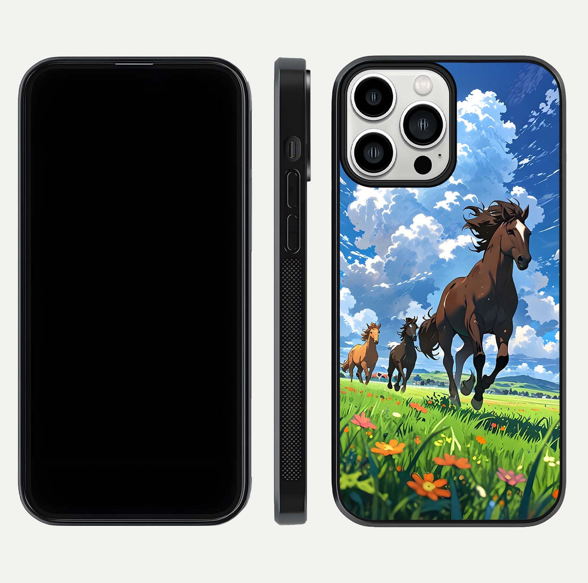 Majestic Horses Galloping Glass Case for iPhone 13 Pro Max front & back layout highlighting dynamic design and edges