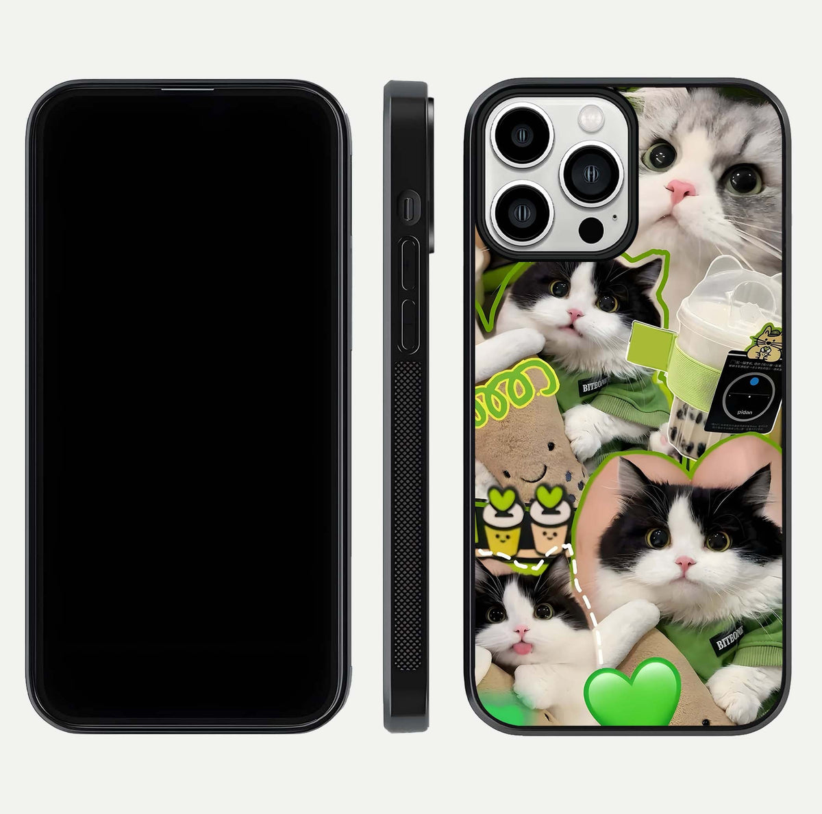 Matcha Cats Mood Glass Case for iPhone 13 Pro Max front & back layout highlighting cute theme and smooth edges