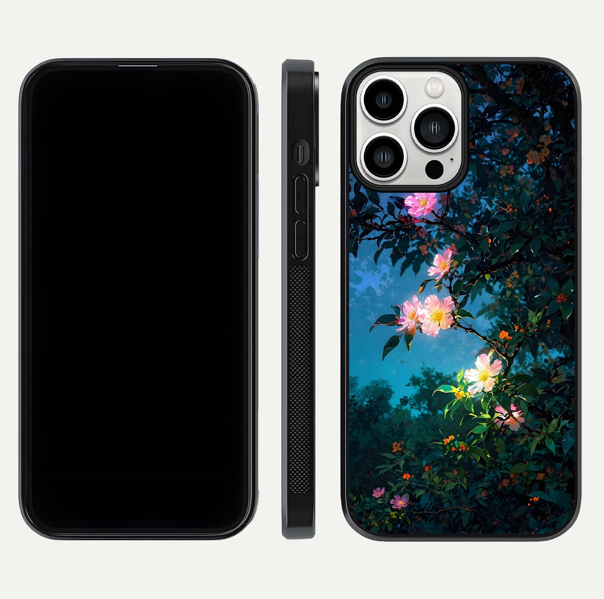 Midnight Bloom Glow Glass Case for iPhone 13 Pro Max front & back layout highlighting moody tones and smooth finish