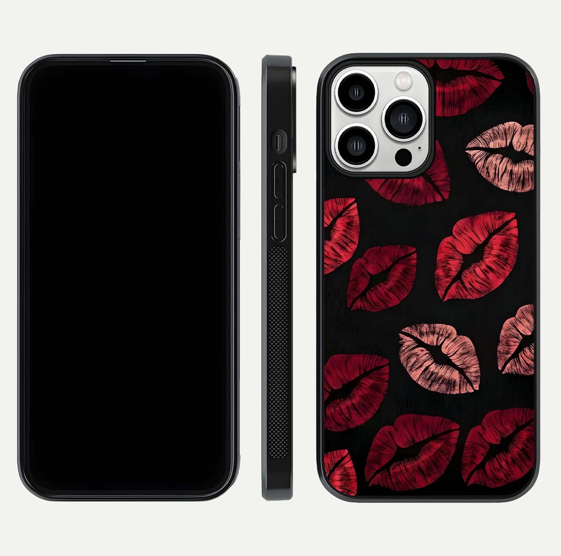 Midnight Kiss Love Glass Case for iPhone 13 Pro Max front & back view layout showing romantic theme and smooth curves