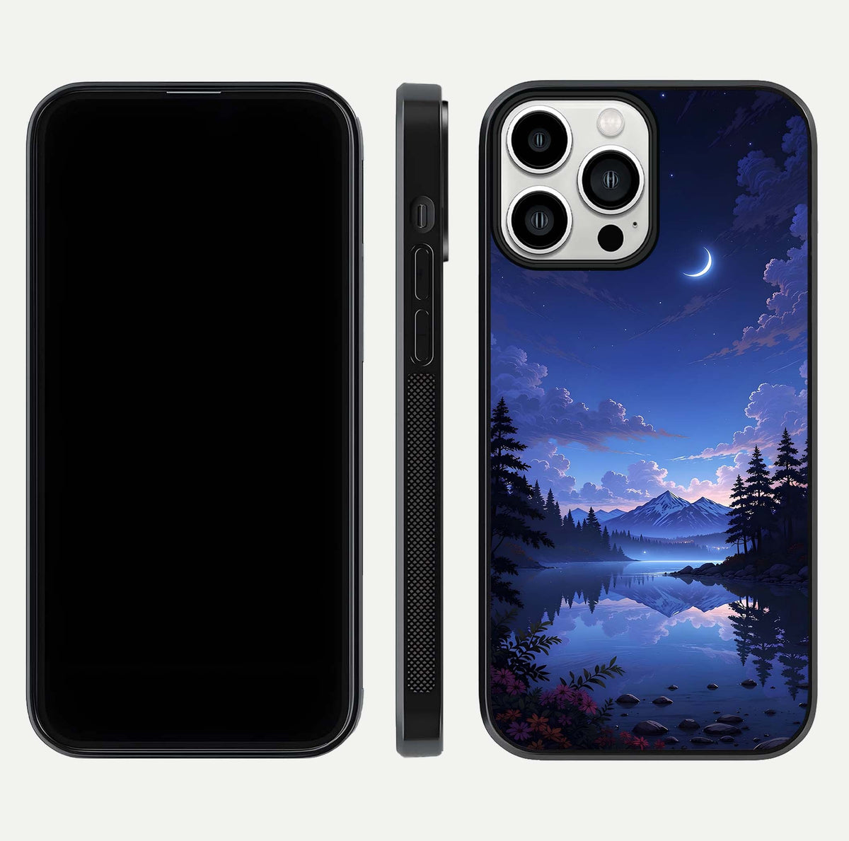 Midnight Lake Peace Glass Case for iPhone 13 Pro Max front & back layout highlighting calm design and curved edges
