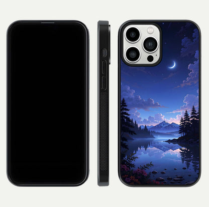 Midnight Lake Peace Glass Case for iPhone 13 Pro Max front & back layout highlighting calm design and curved edges