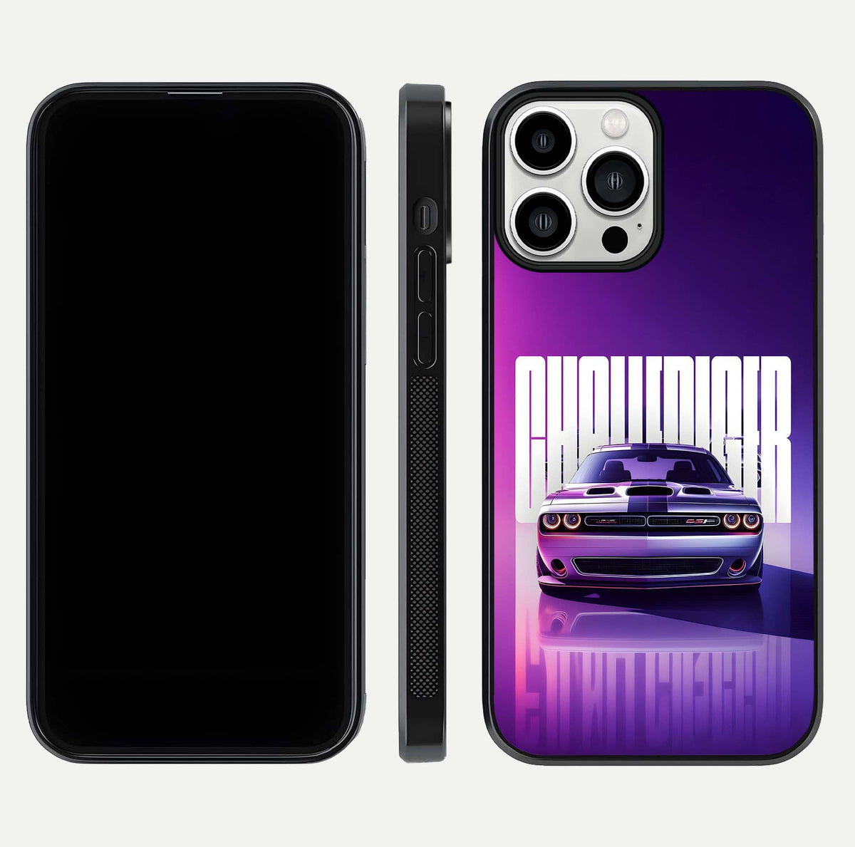 Midnight Muscle Ride Glass Case for iPhone 13 Pro Max front & back layout with dark automotive tones and edges