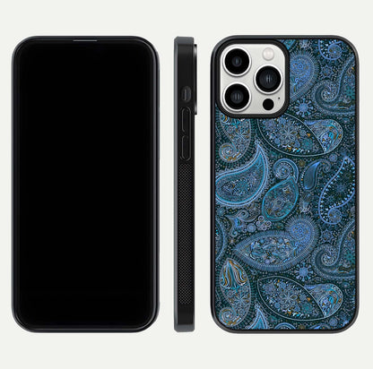 Midnight Paisley Glow Glass Case for iPhone 13 Pro Max front & back layout highlighting elegant edge finish