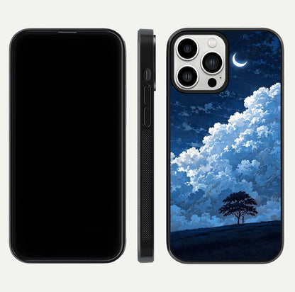Midnight Sky Serenity Glass Case for iPhone 13 Pro Max front & back layout highlighting celestial art and curves