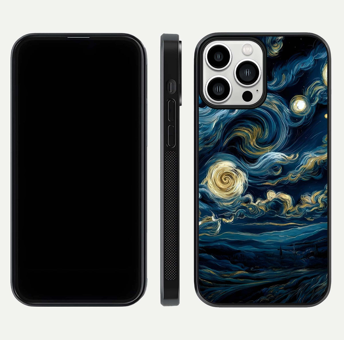 Midnight Sky Whirl Glass Case for iPhone 13 Pro Max front & back layout highlighting celestial movement art