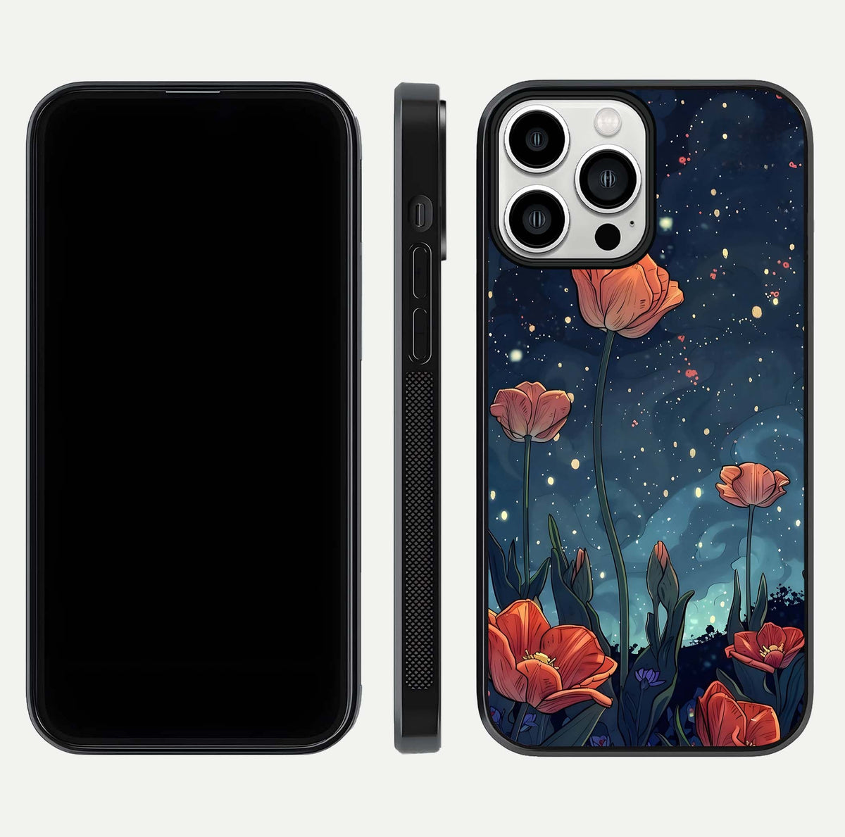 Midnight Tulip Glow Glass Case for iPhone 13 Pro Max front & back layout highlighting floral glow and curved edges