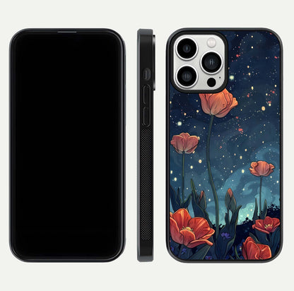 Midnight Tulip Glow Glass Case for iPhone 13 Pro Max front & back layout highlighting floral glow and curved edges