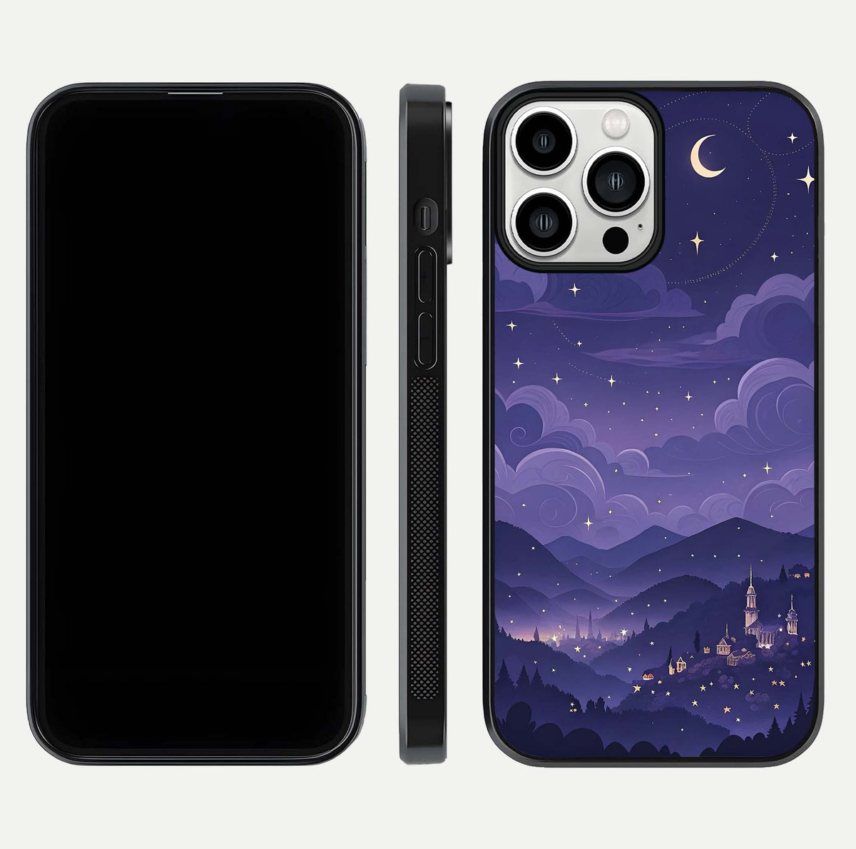 Minimal Night View Glass Case for iPhone 13 Pro Max front & back layout highlighting minimal night vibe and curves