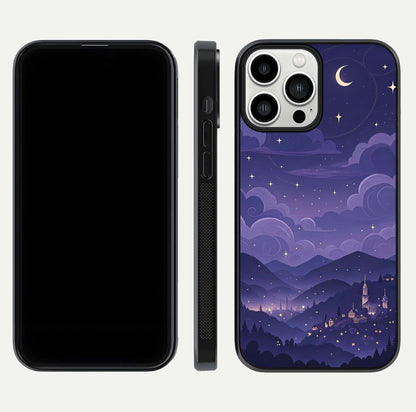Minimal Night View Glass Case for iPhone 13 Pro Max front & back layout highlighting minimal night vibe and curves